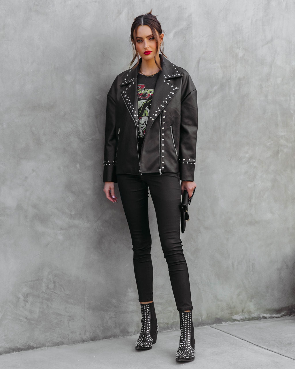 Davidson Faux Leather Pocketed Studded Jacket - Black
