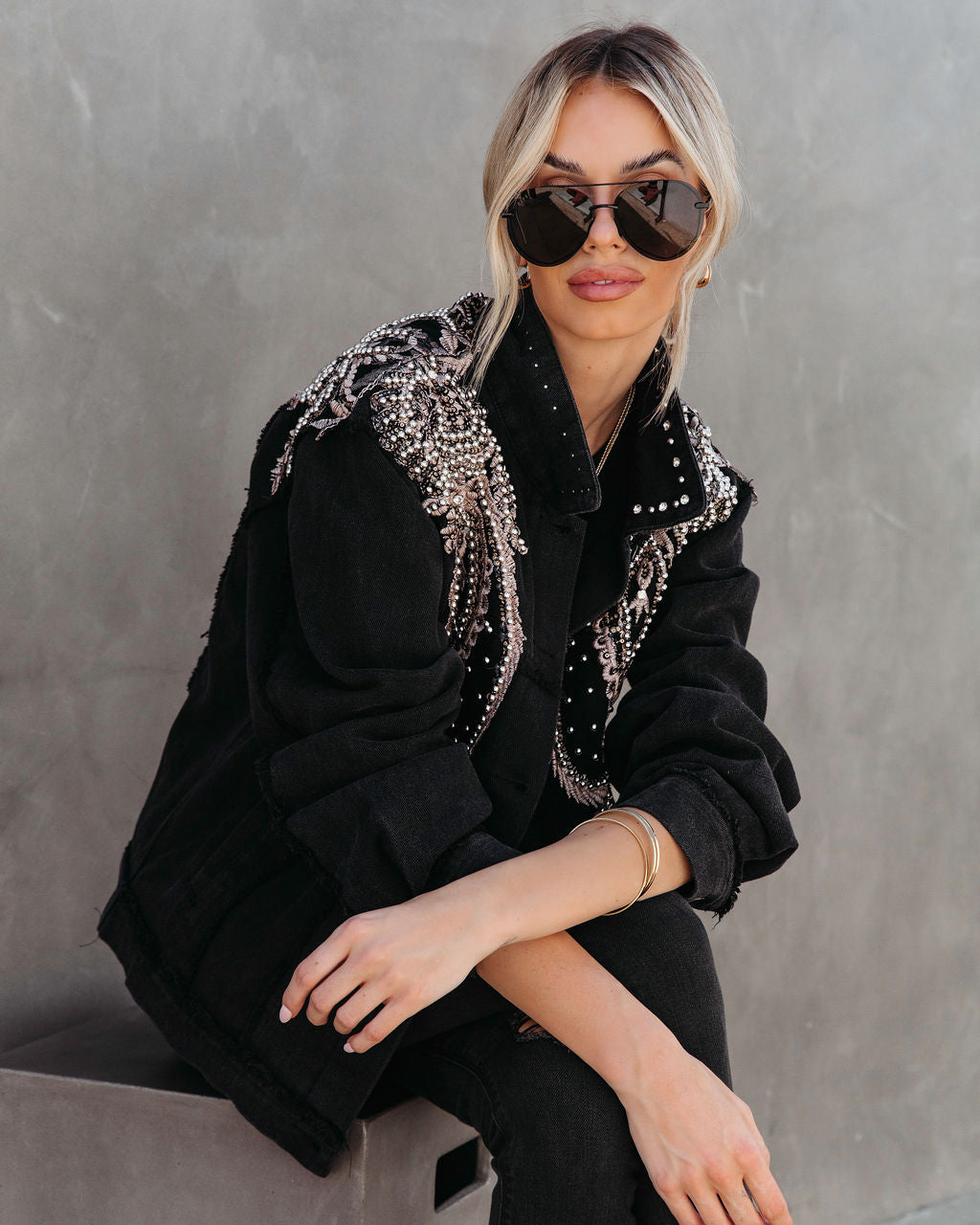 PREORDER - Glam Rodeo Pocketed Studded Embroidered Jacket - Black