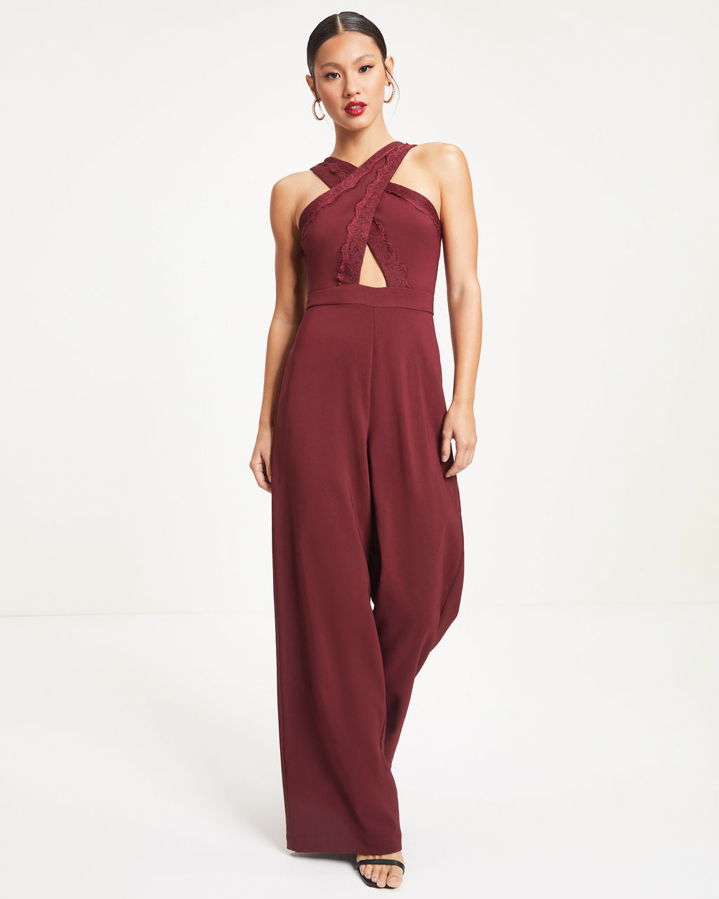 That's Amore Lace Trim Cutout Jumpsuit - Burgundy