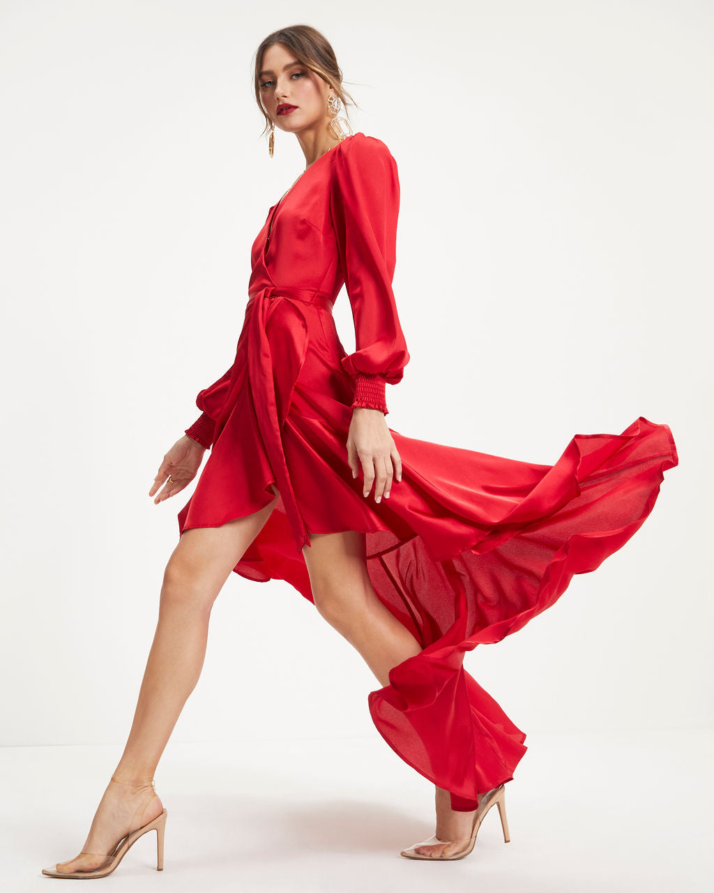 Irresistible Desire Satin Ruffle Maxi Dress - Red