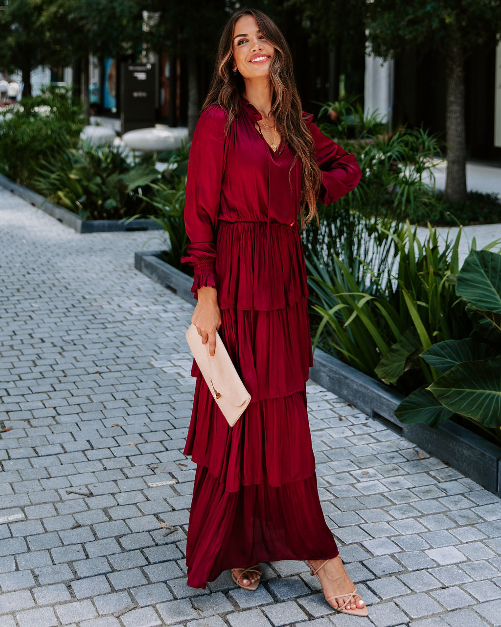 Villain Of My Heart Satin Tiered Maxi Dress - Wine