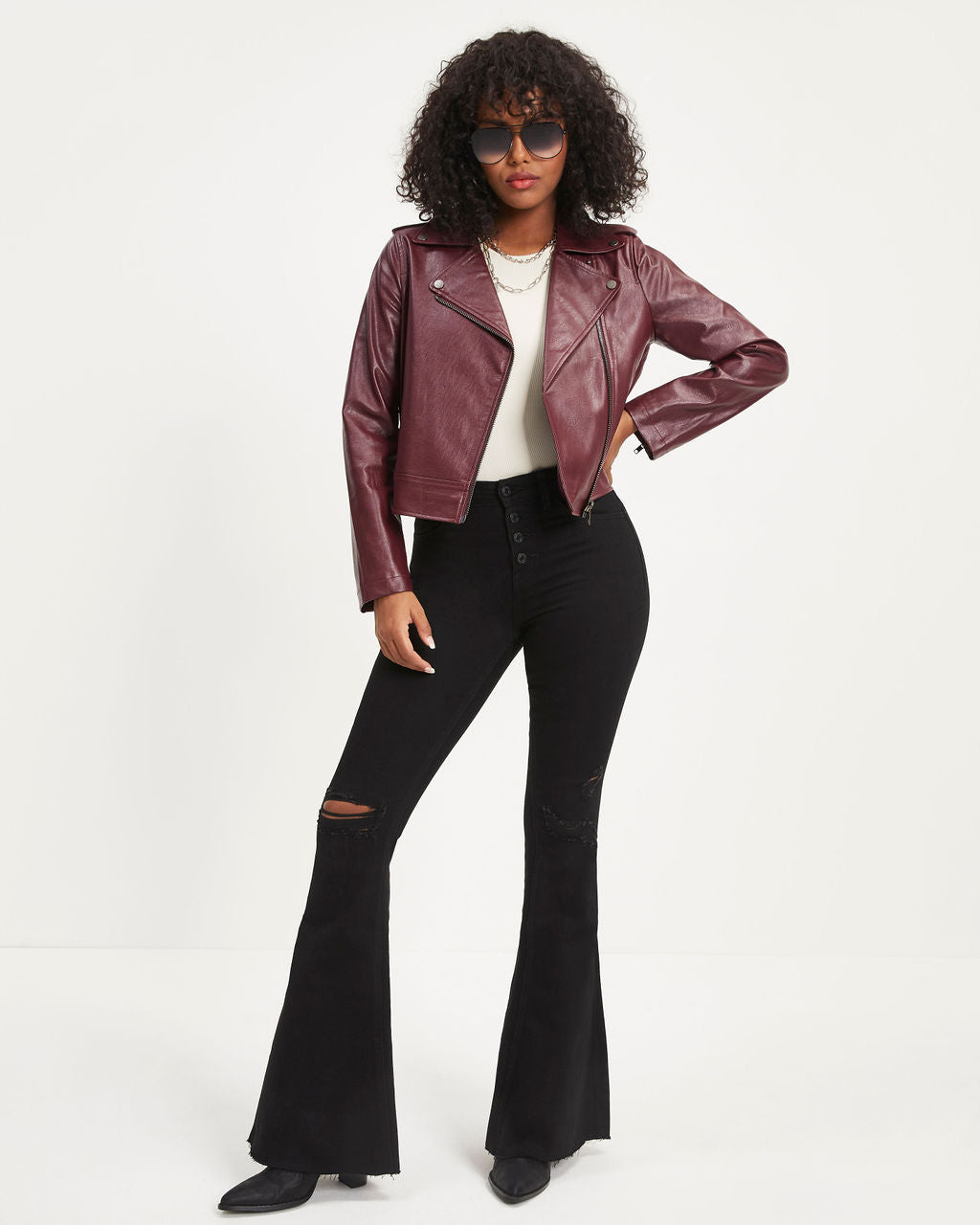 Jingle Bell Rock Pocketed Faux Leather Biker Jacket - Wine