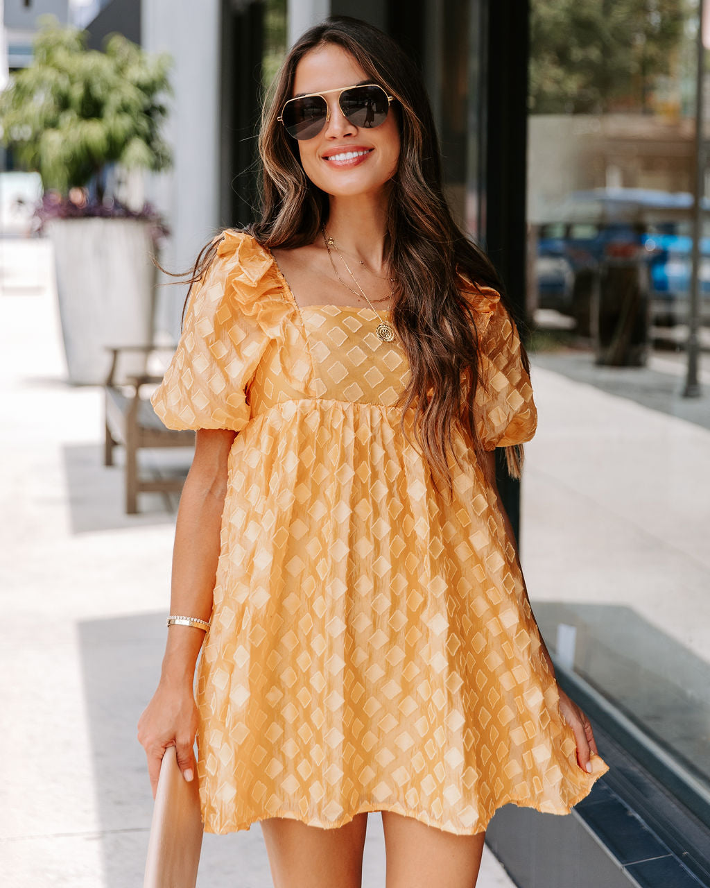 Unforgettable Sunrise Textured Babydoll Dress - Yellow - FINAL SALE