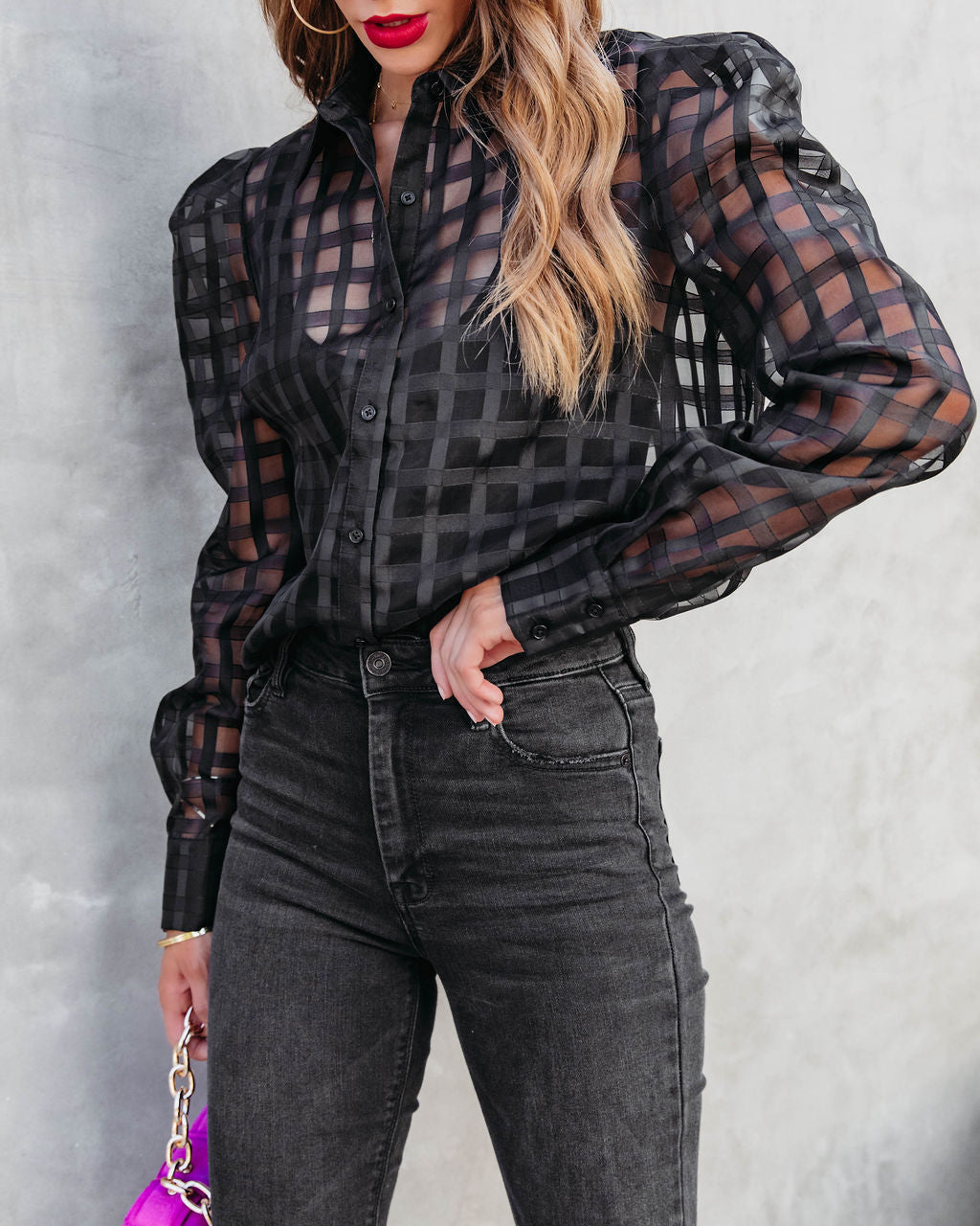 First Lady Checkered Organza Button Down Top - Black