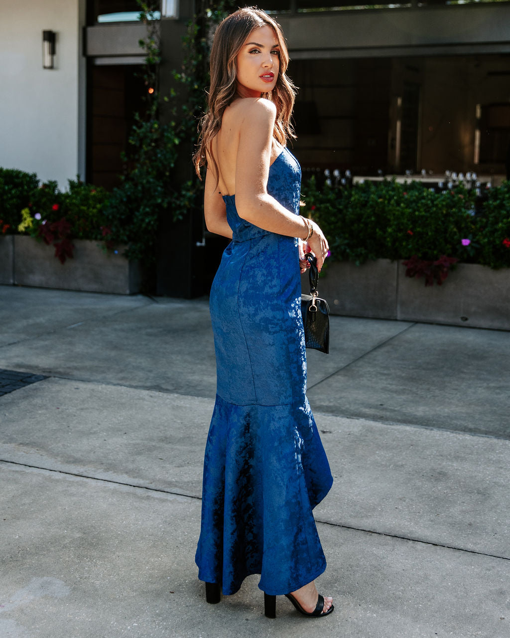 Elliana Strapless Embossed Ruffle Maxi Dress - Navy