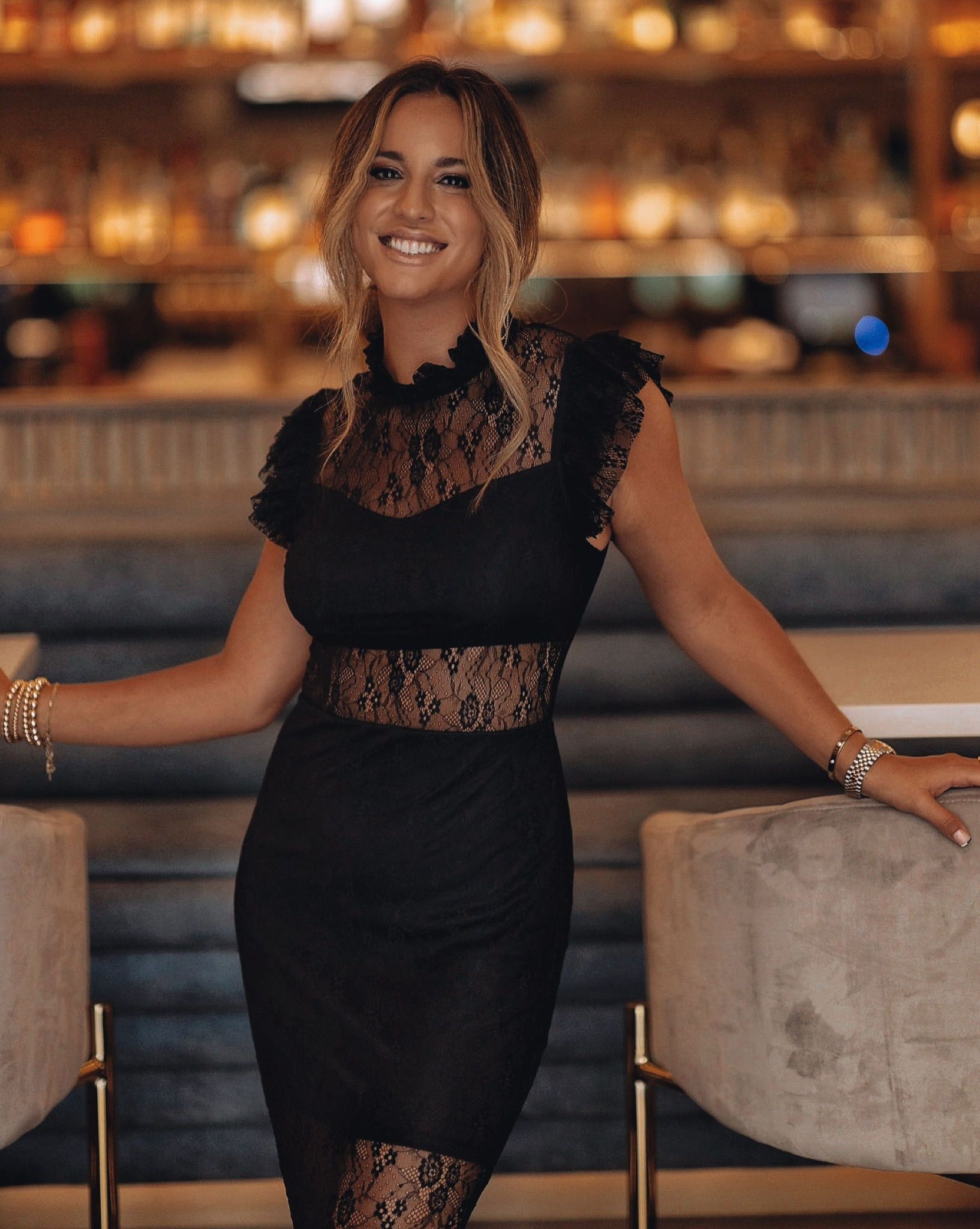 Saige Sheer Lace Midi Dress - Black