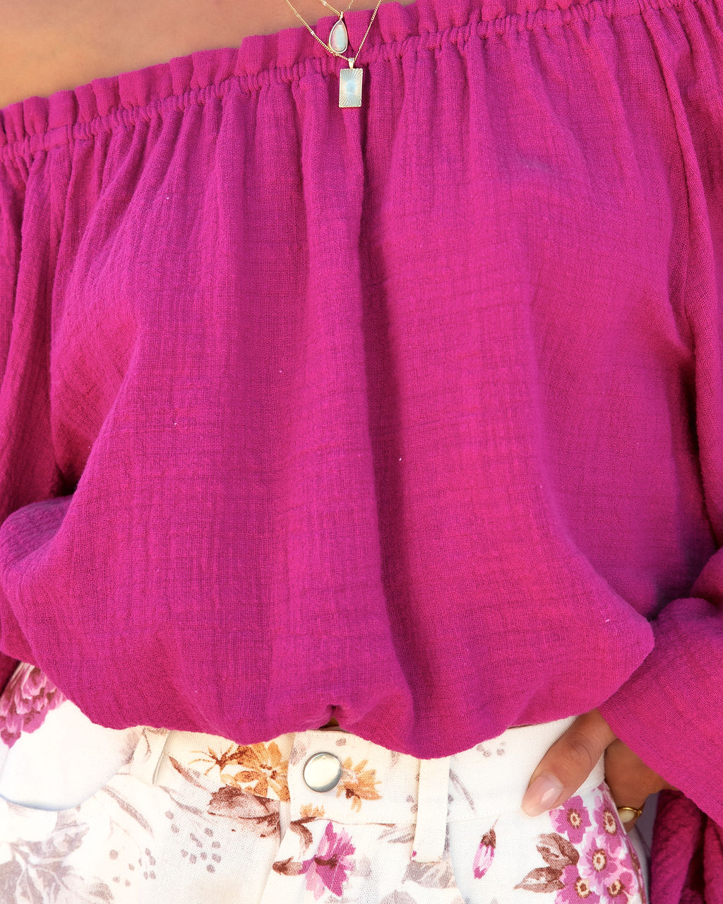 Herrera Cotton Off The Shoulder Bell Sleeve Top - Fuchsia - FINAL SALE