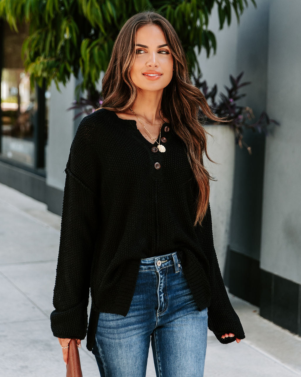 Stacey Knit Henley Sweater - Black