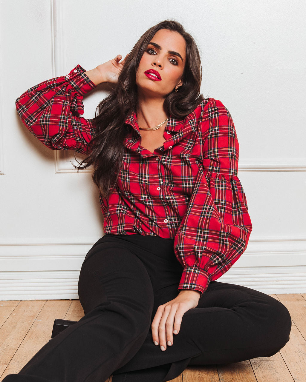 Gift For Me Plaid Puff Sleeve Button Down Top