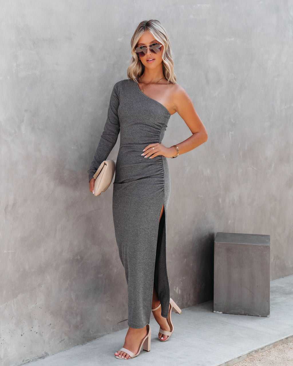 Such A Stunner One Shoulder Ribbed Maxi Dress - Charcoal - FINAL SALE