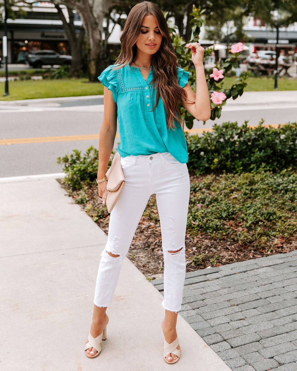 Levine Embroidered Babydoll Top - Light Teal - FINAL SALE