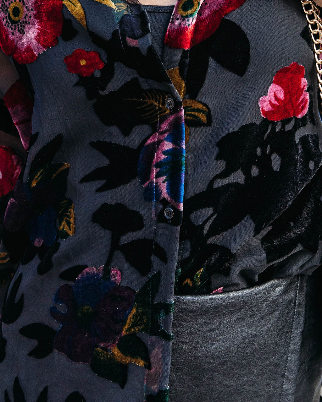 Allie Burnout Velvet Button Down Top - Black