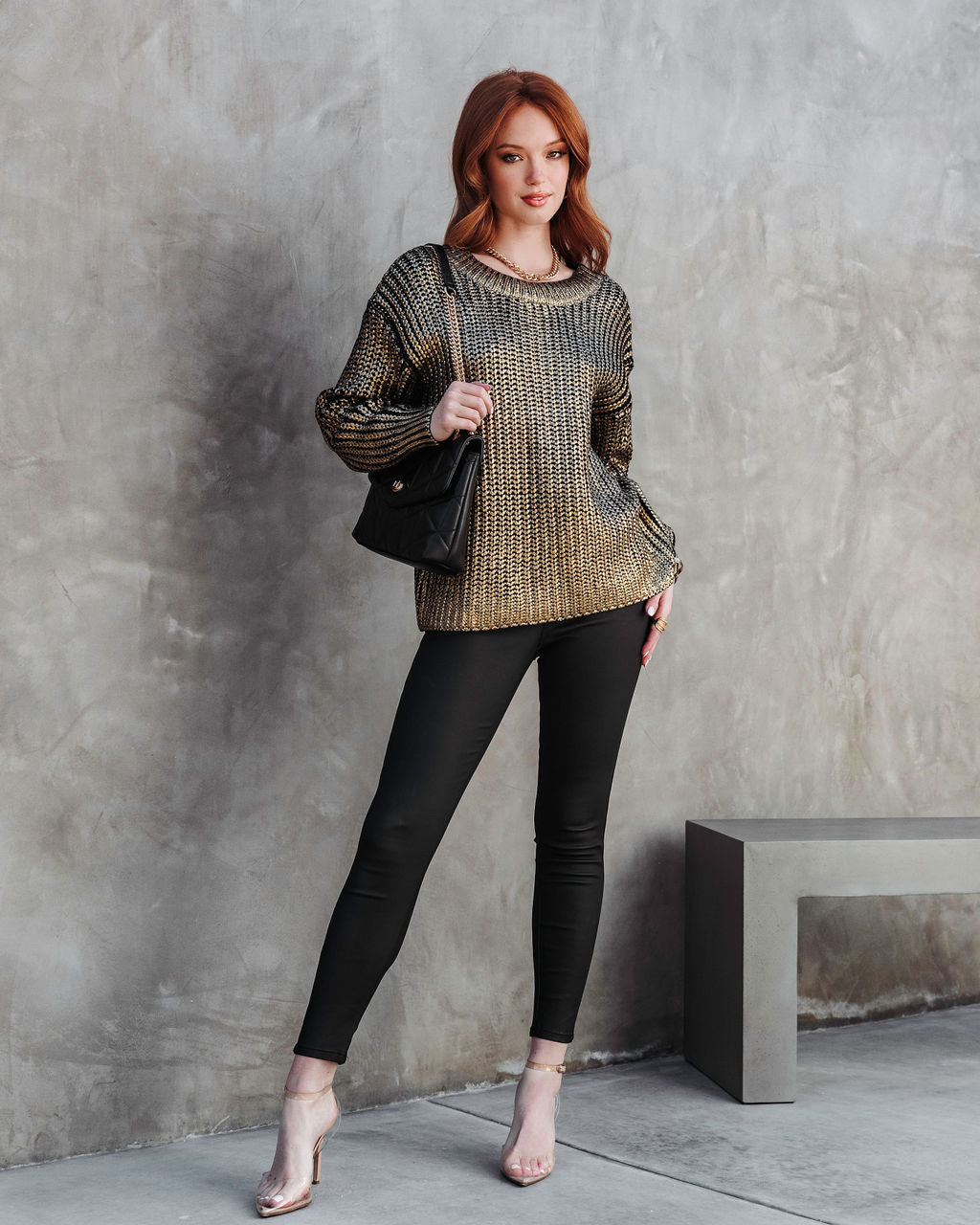 Delightful Cheer Metallic Knit Pullover Sweater - Gold