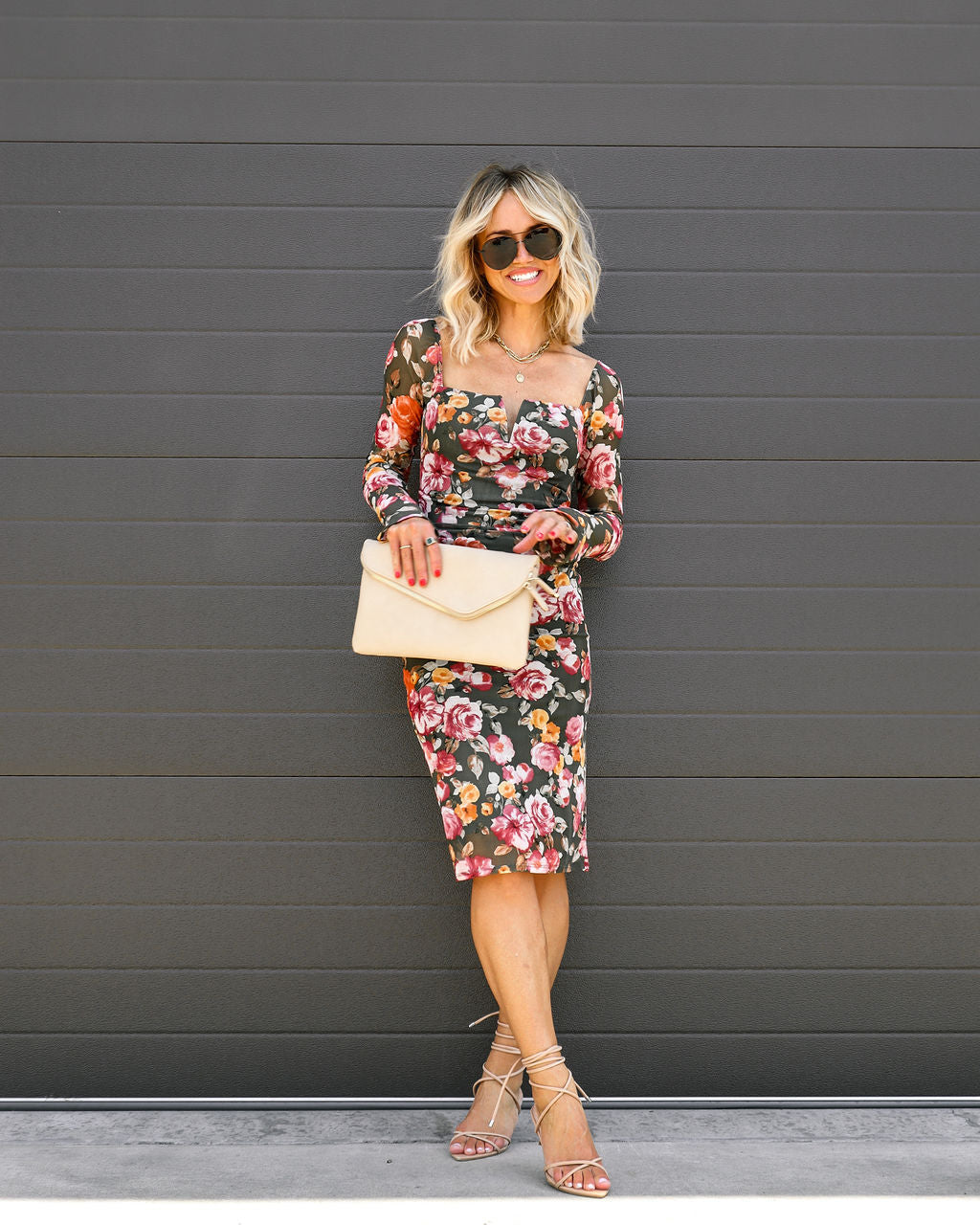 Maureen Floral Sheer Sleeve Midi Dress