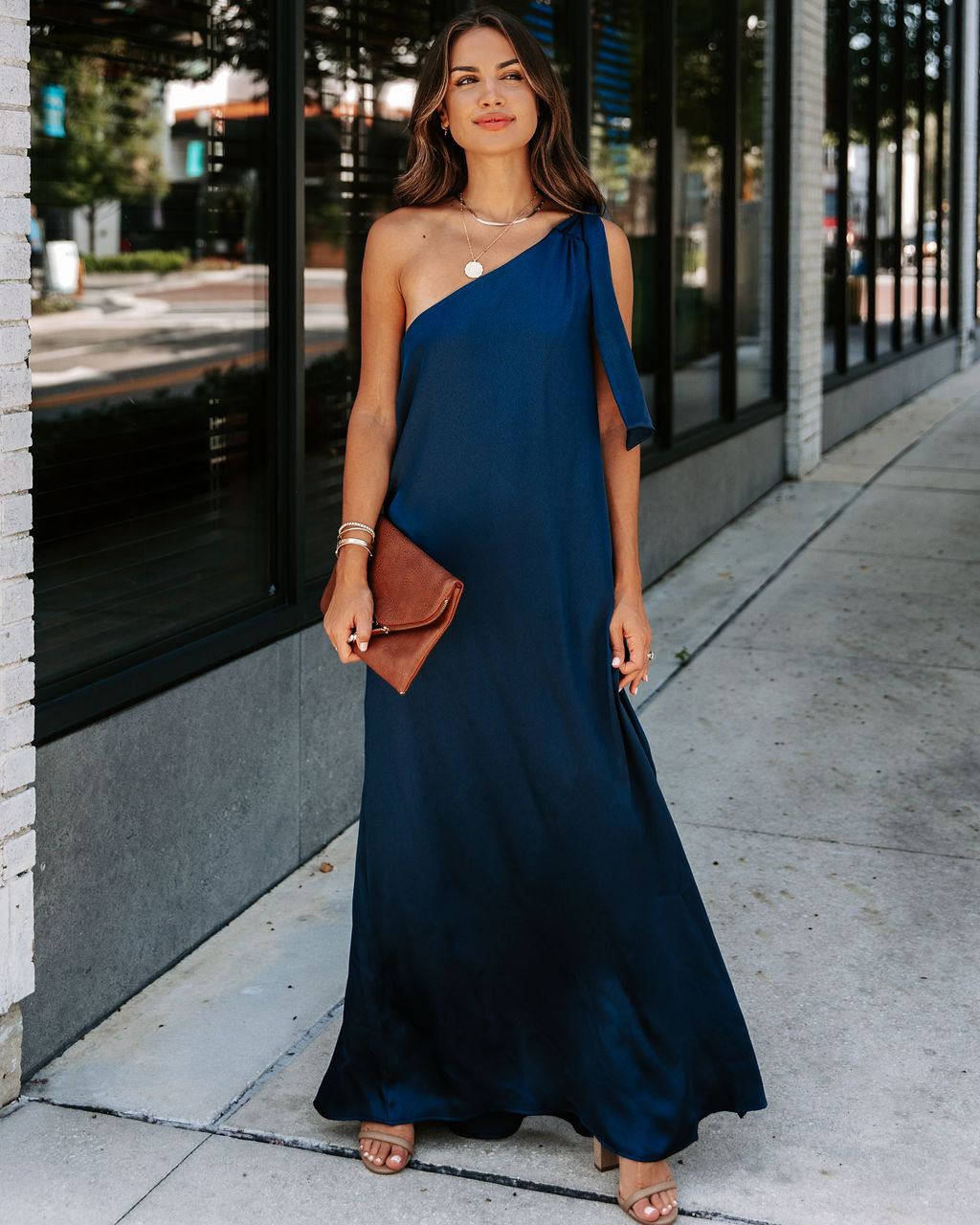 Invite Only Satin One Shoulder Maxi Dress - Navy