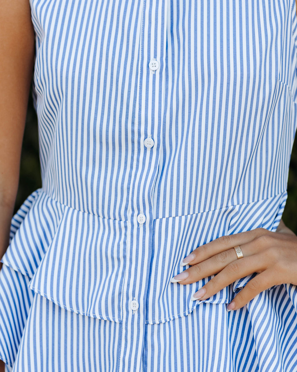 Jacie Striped High Low Button Down Peplum Top - Blue - FINAL SALE