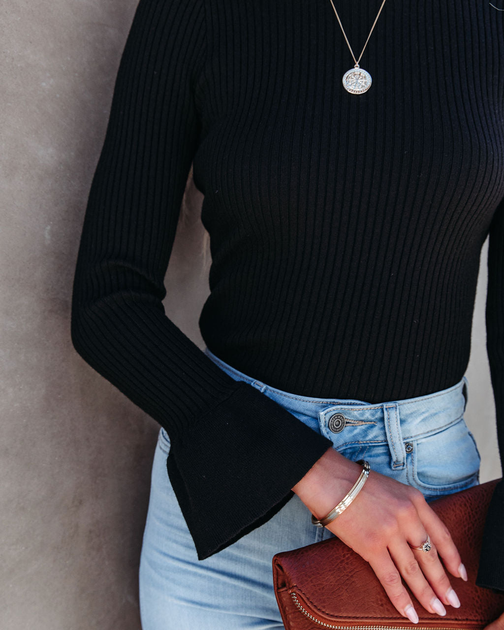 Esen Ribbed Bell Sleeve Knit Sweater - Black