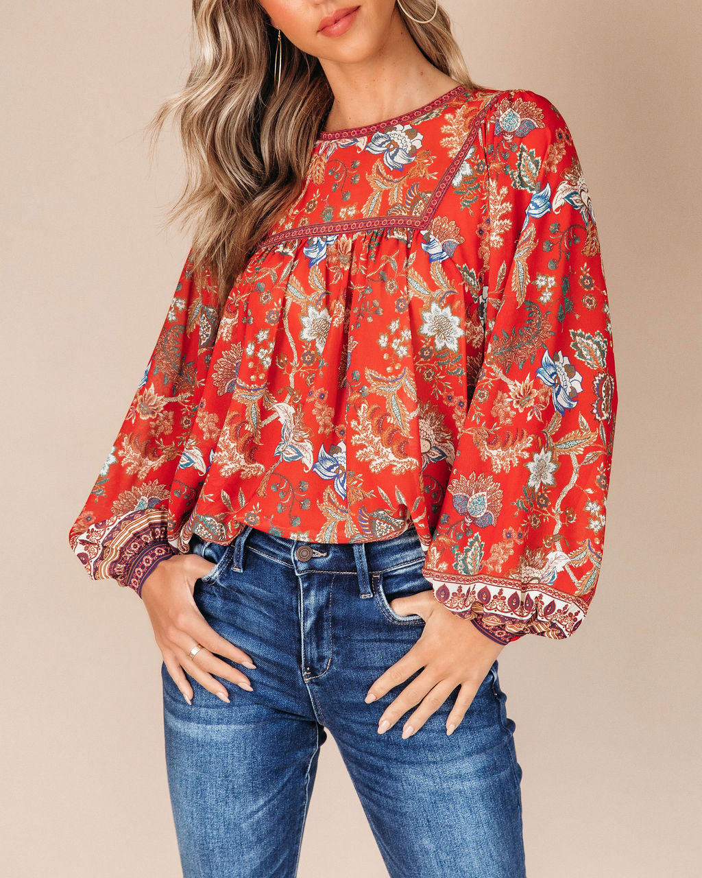 Aliana Foral Long Sleeve Top - Red