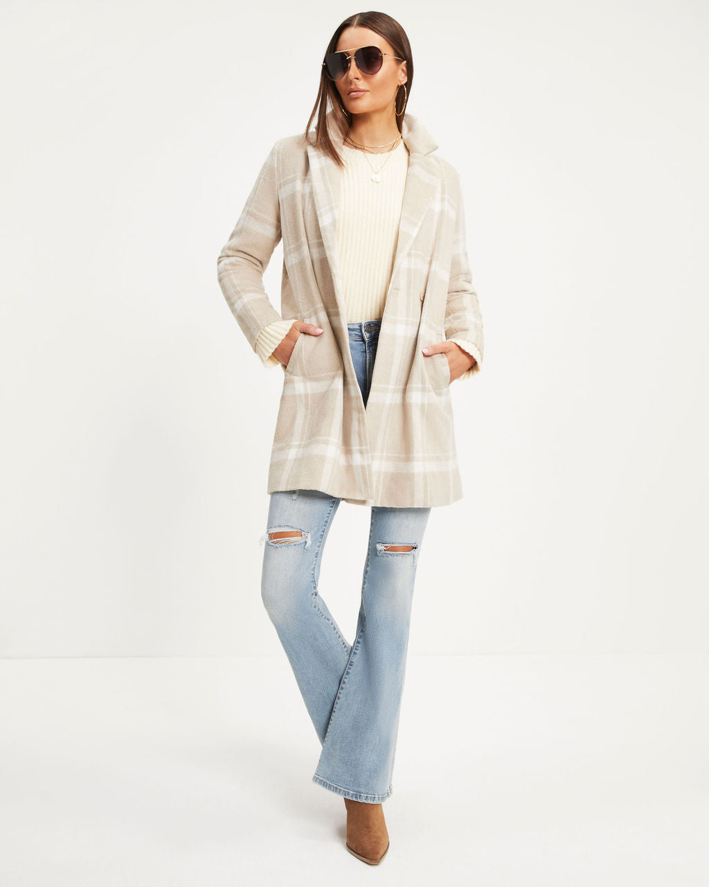 Coming To Town Plaid Pocketed Coat - Beige