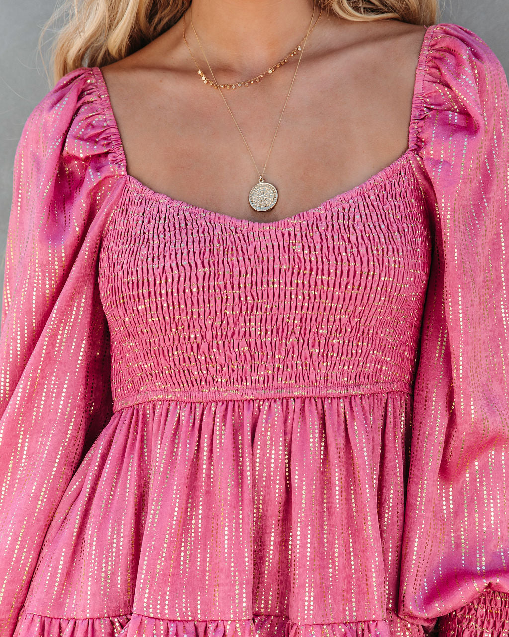 Shine On Metallic Tiered Babydoll Dress - Rose - SALE