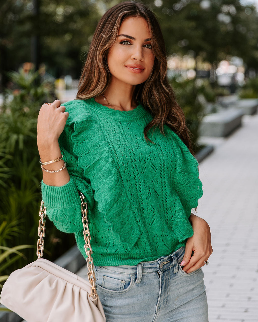 Wilson Knit Ruffle Pullover Sweater - Kelly Green - SALE
