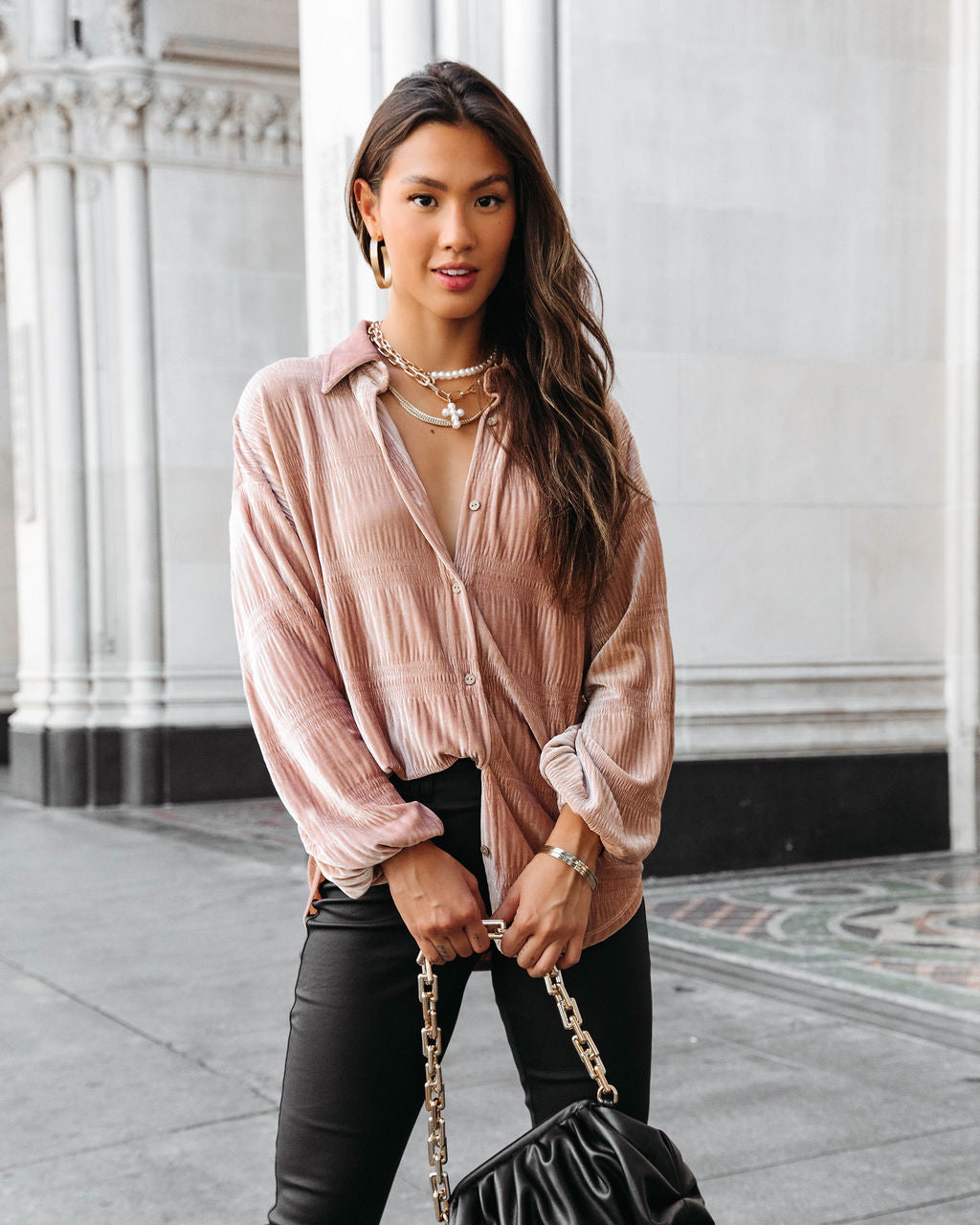Bette Textured Velvet Button Down Top - Champagne