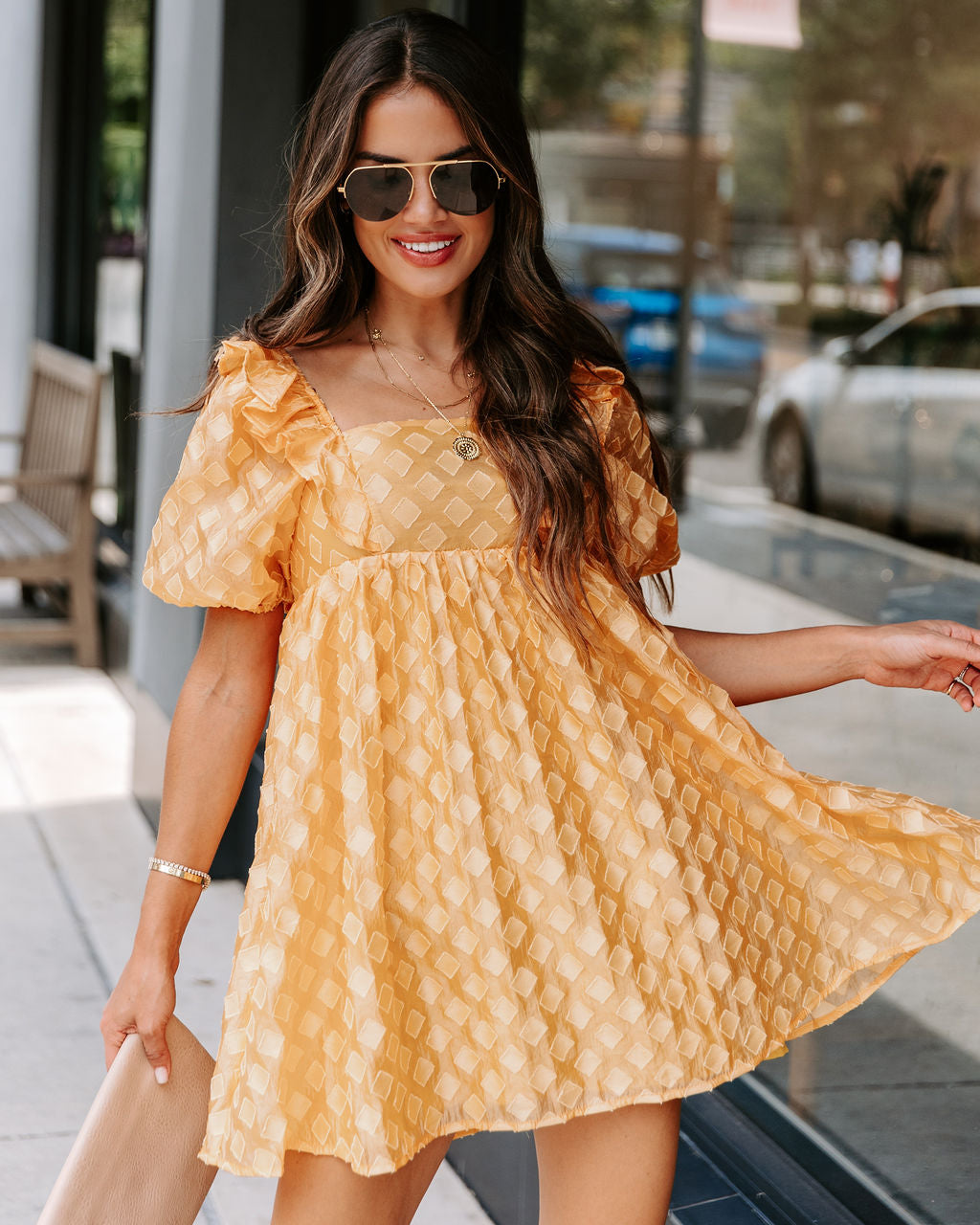 Unforgettable Sunrise Textured Babydoll Dress - Yellow - FINAL SALE