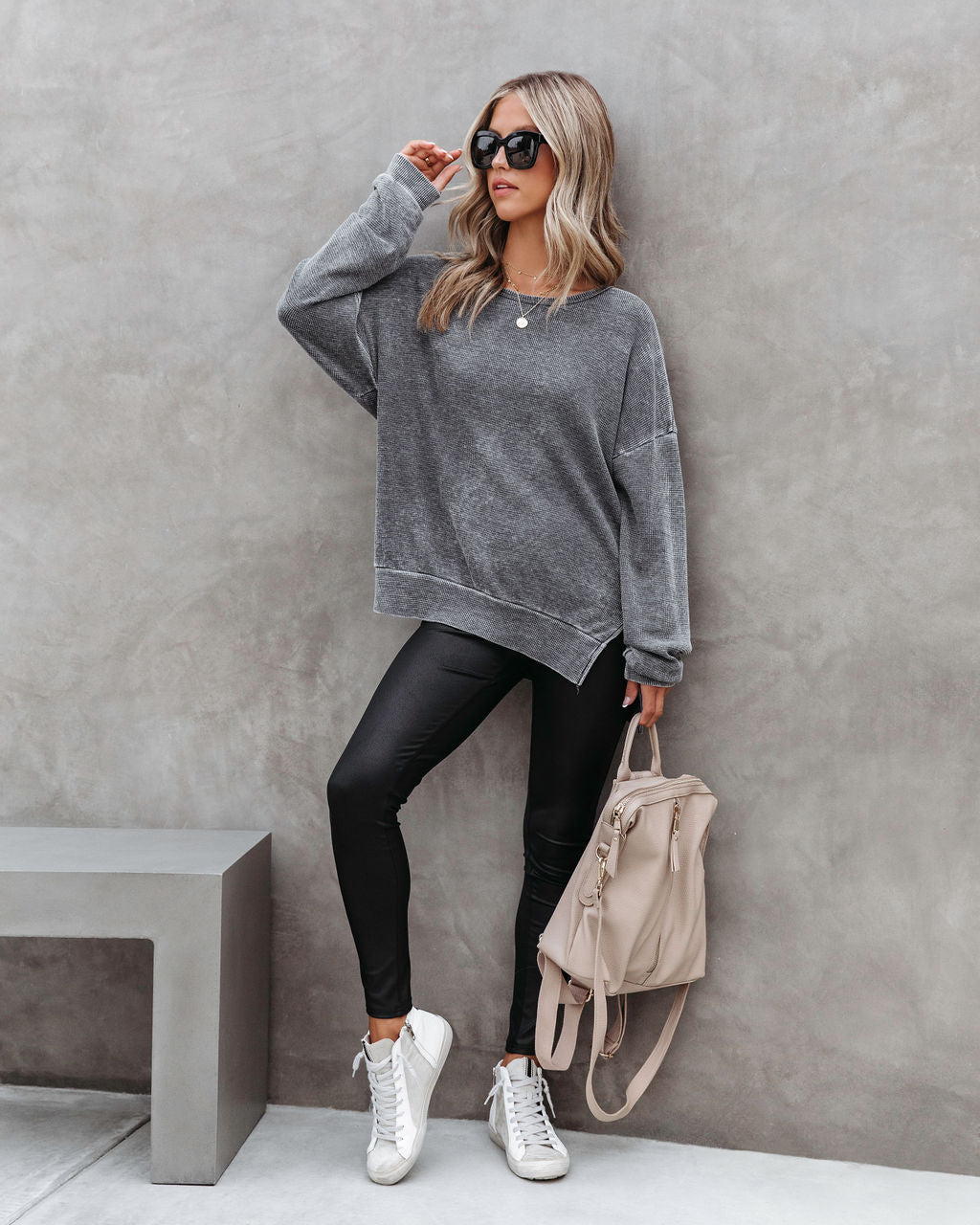 Tahoe Bound Waffle Knit Long Sleeve Top - Charcoal