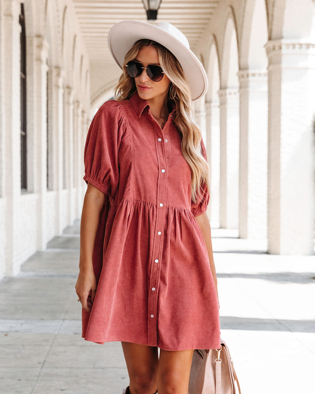 Owen Corduroy Puff Sleeve Babydoll Dress - Clay