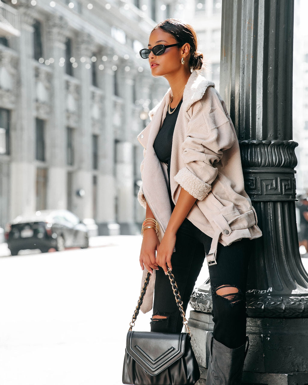 Blake Corduroy Faux Sherpa Moto Jacket - Cream