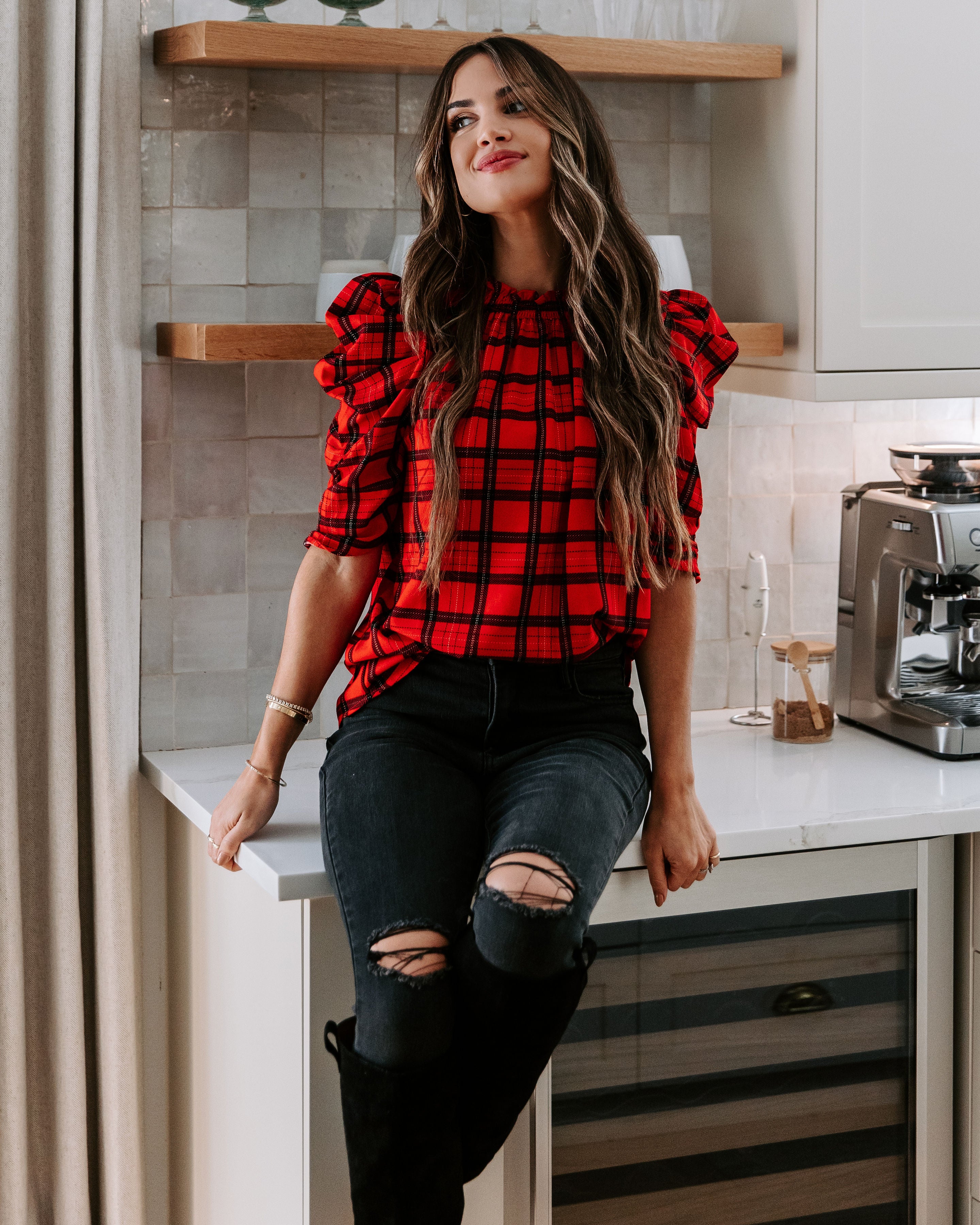 Very Pleased Plaid Puff Sleeve Top