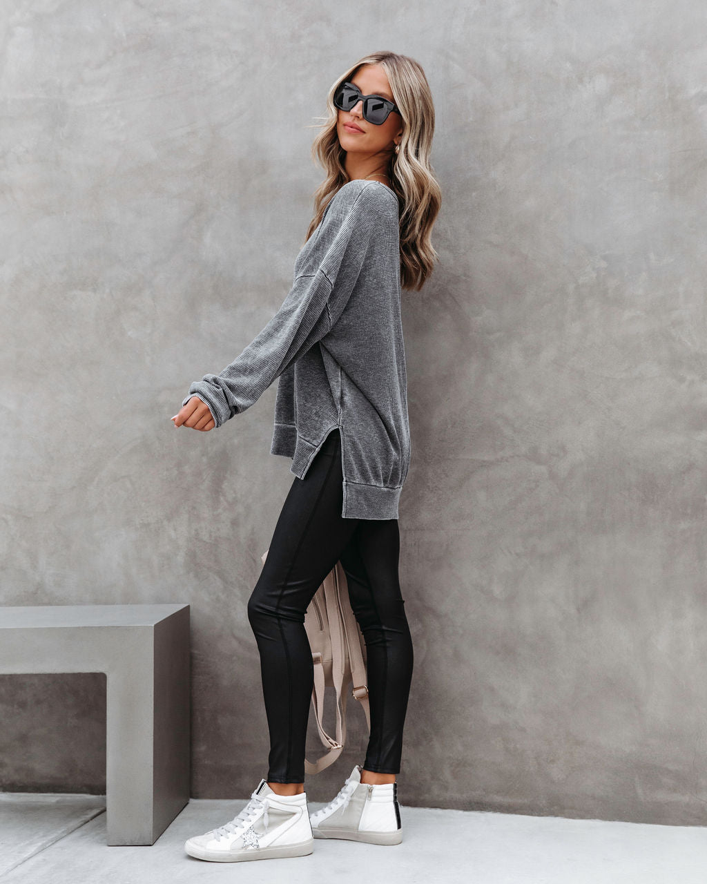 Tahoe Bound Waffle Knit Long Sleeve Top - Charcoal