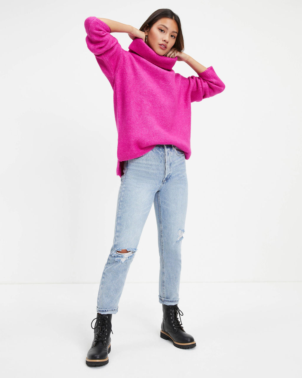 Betsy Cowl Neck Knit Pullover Sweater - Magenta
