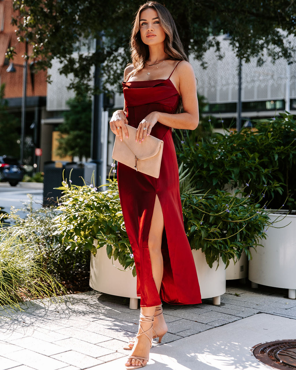 Simply Breathtaking Satin Cowl Neck Midi Dress - Rust