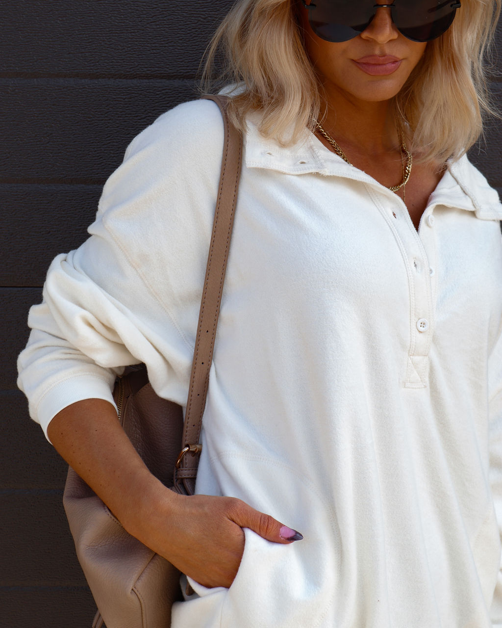 Corrine Pocketed Henley Pullover Sweater - Cream