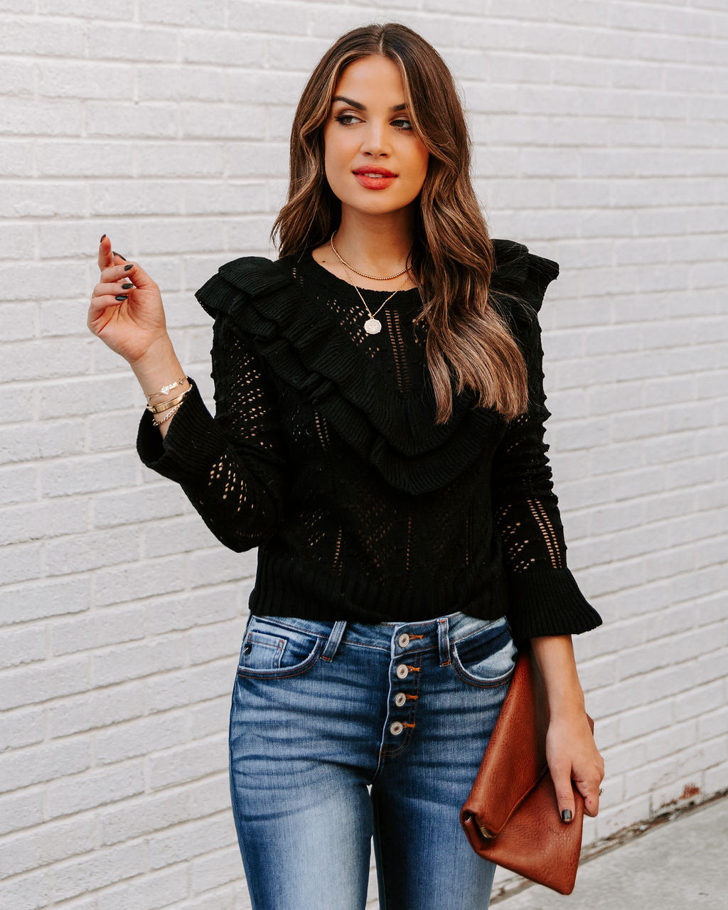 Janessa Ruffle Pointelle Knit Sweater - SALE