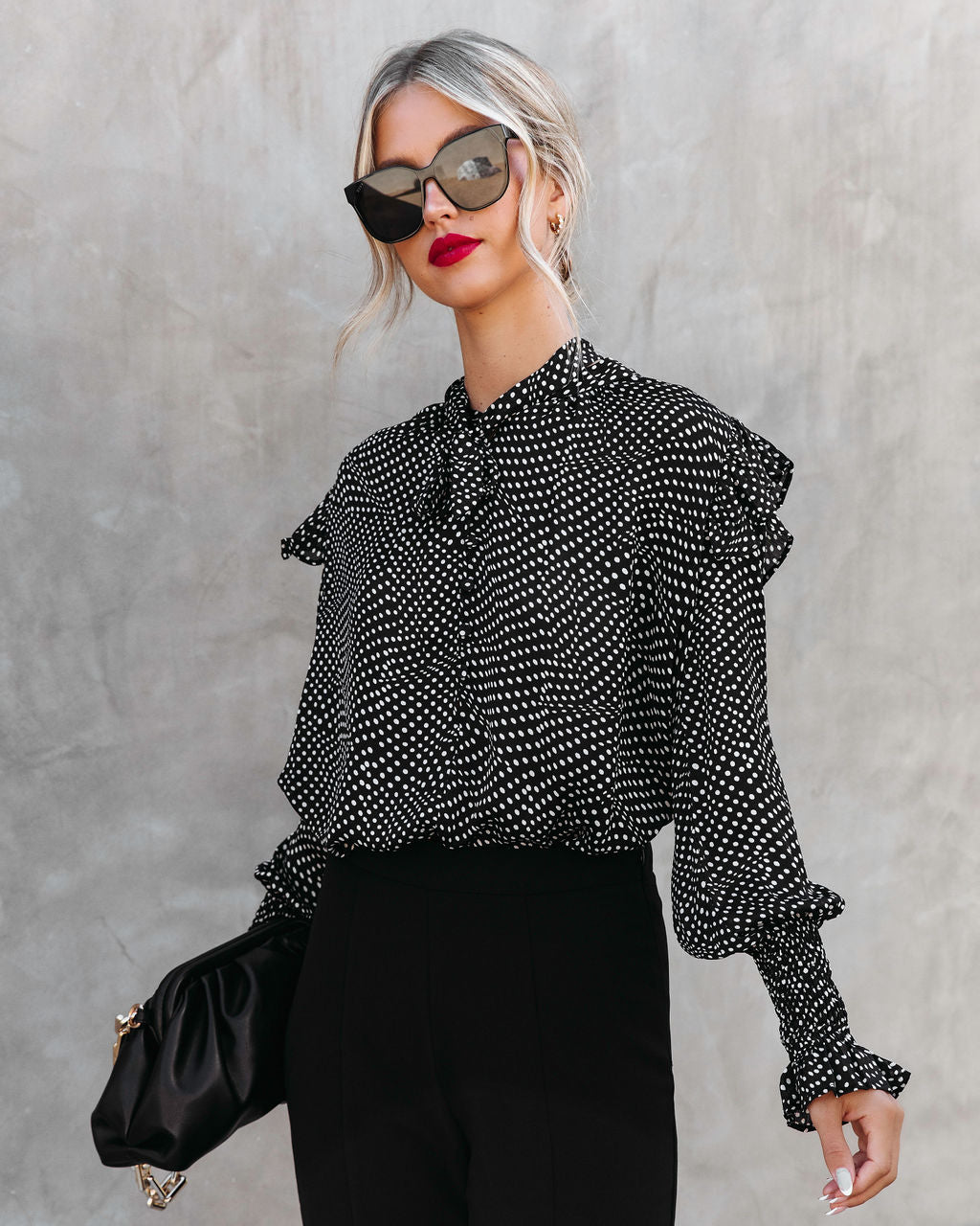 Roseanne Polka Dot Tie Neck Ruffle Top