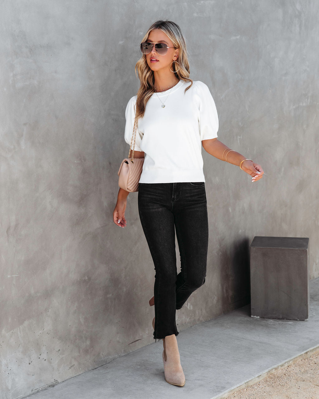 Livia Puff Sleeve Knit Sweater Top - Cream