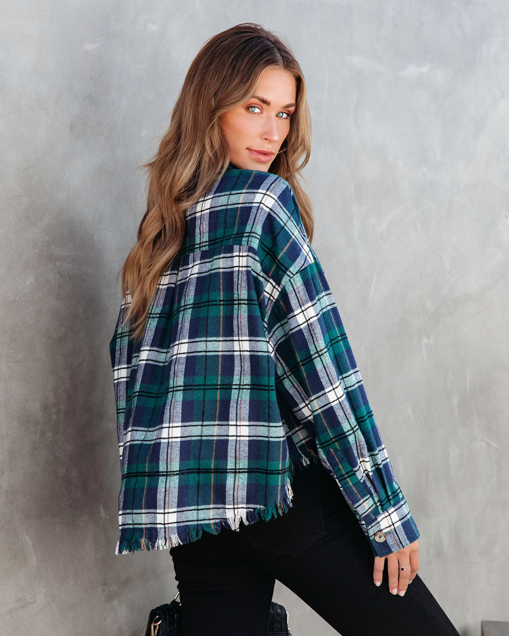 Sporadically Cool Plaid Frayed Button Down Top
