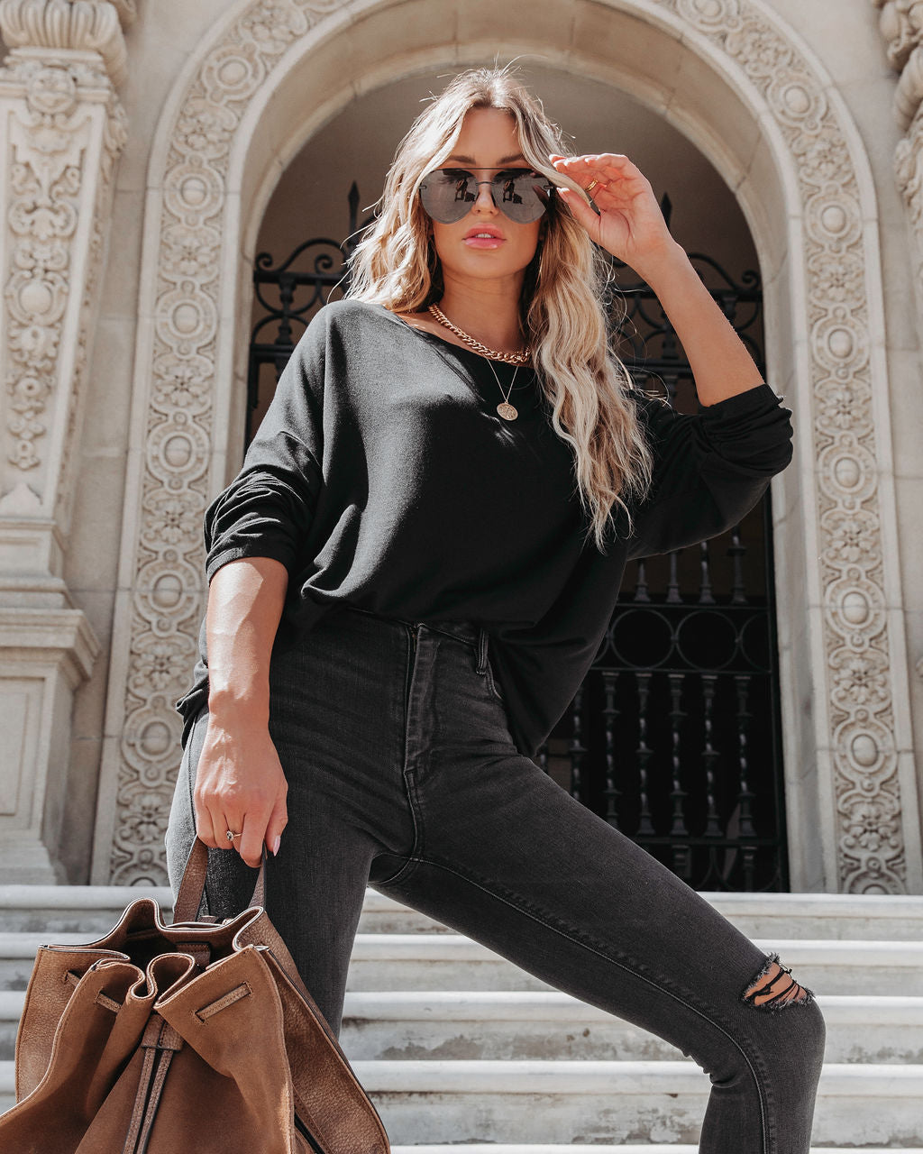 Jenna Boat Neck Long Sleeve Top - Black
