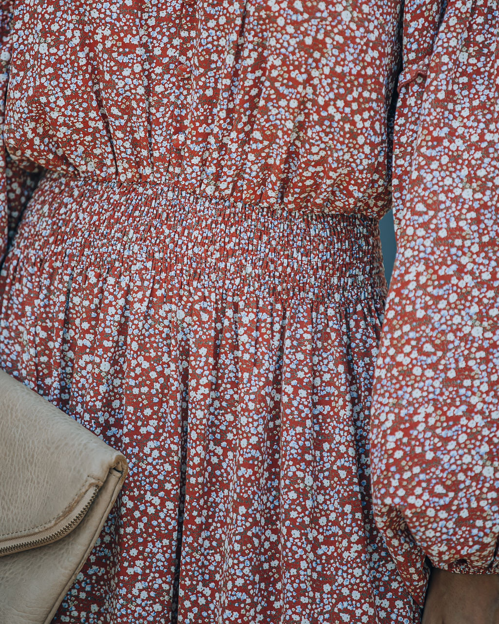 Autumn Flower Fields Smocked Ruffle Midi Dress