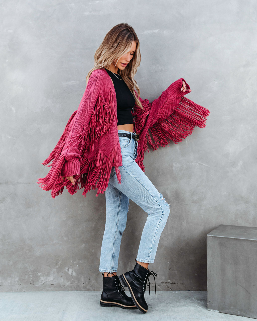 Spruce Fringe Knit Cardigan - Rose