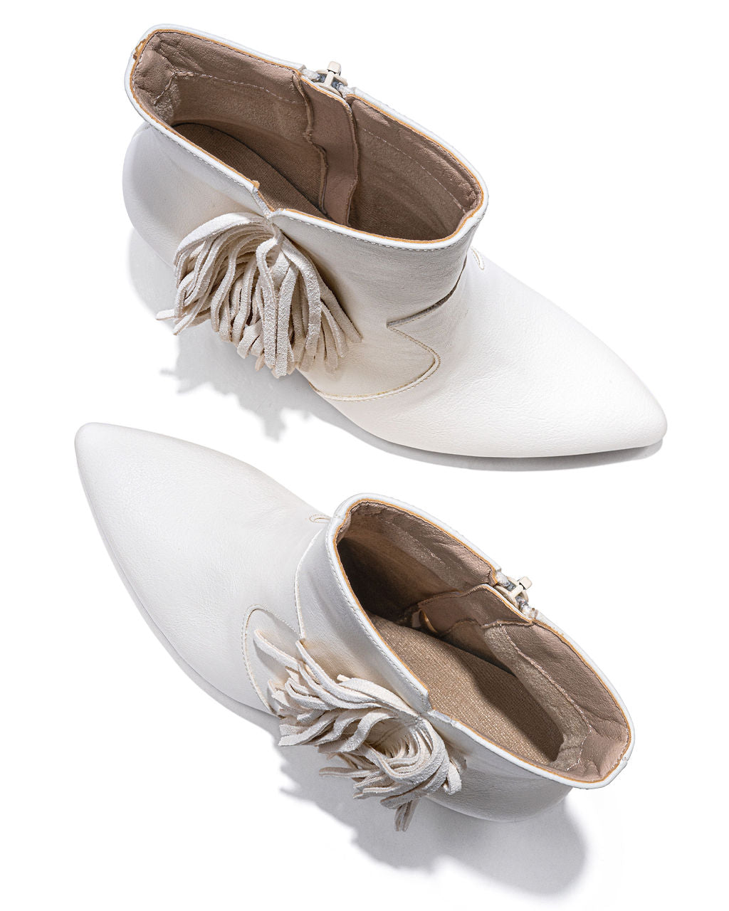 Karson Faux Leather Heeled Fringe Bootie - White - SALE