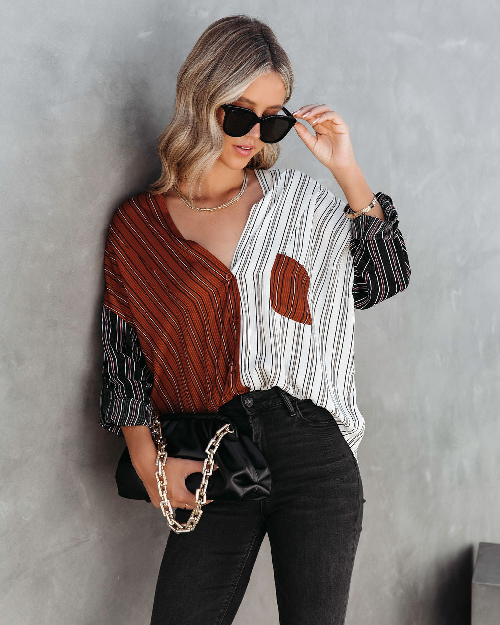 By All Means Striped Coloblock Button Down Top