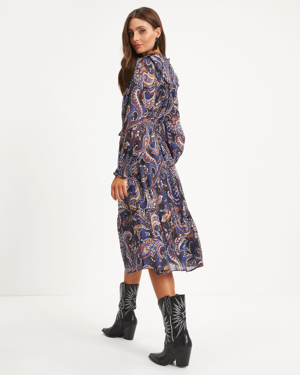 Renn Paisley Ruffle Smocked Midi Dress
