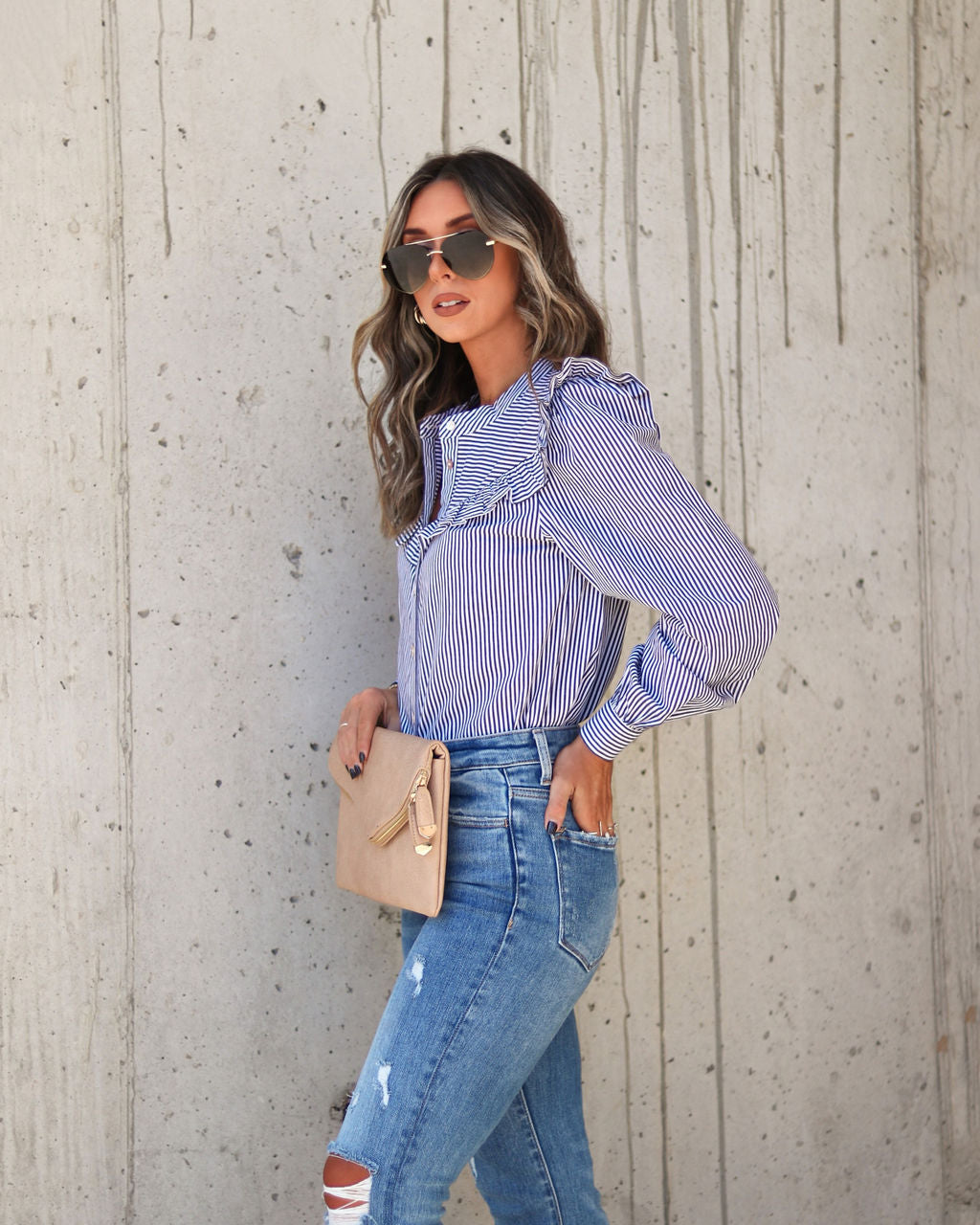 9 To 5 Cotton Ruffle Stripe Button Top