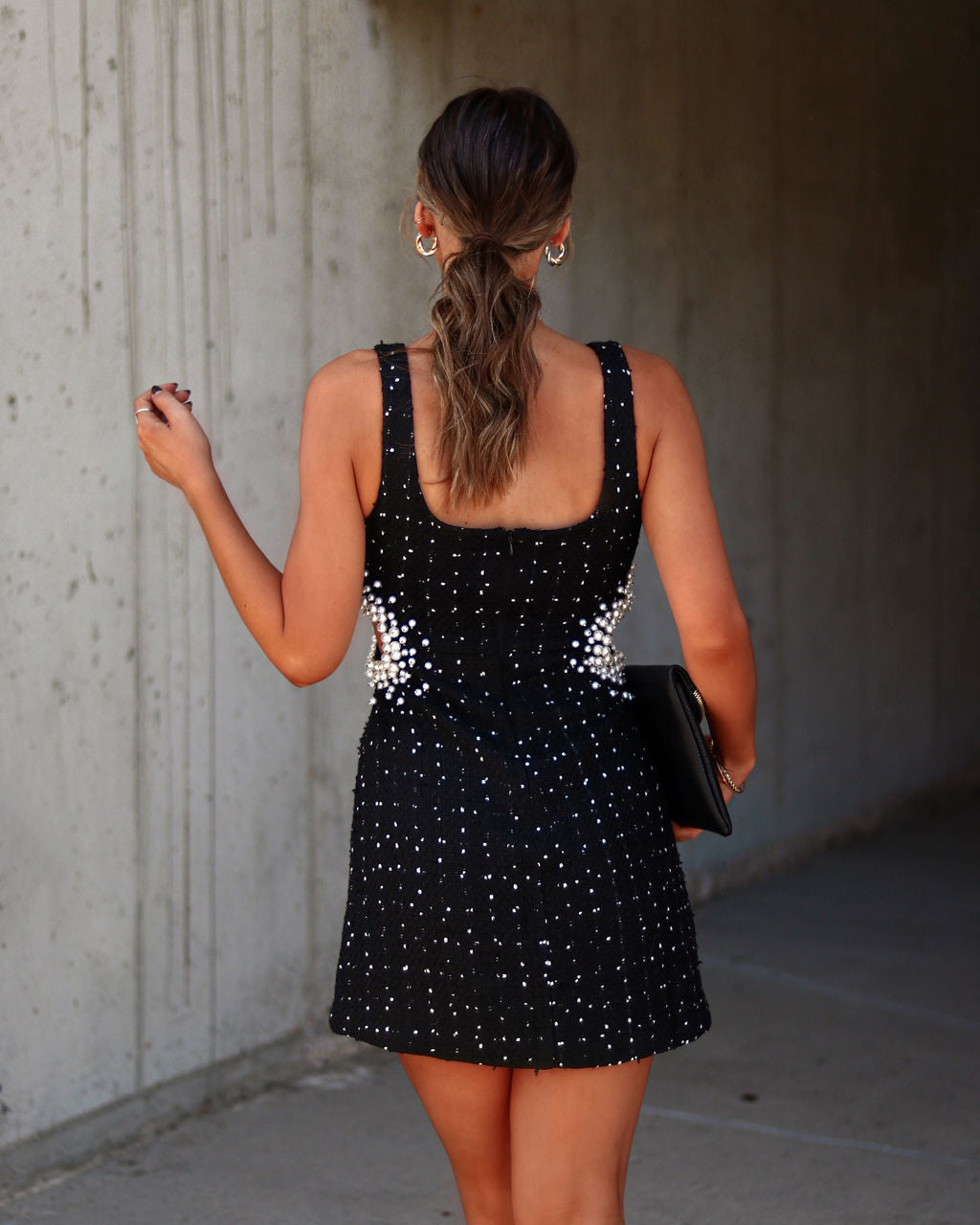 Modern Day Coco Tweed Pearl Cutout Mini Dress - Black