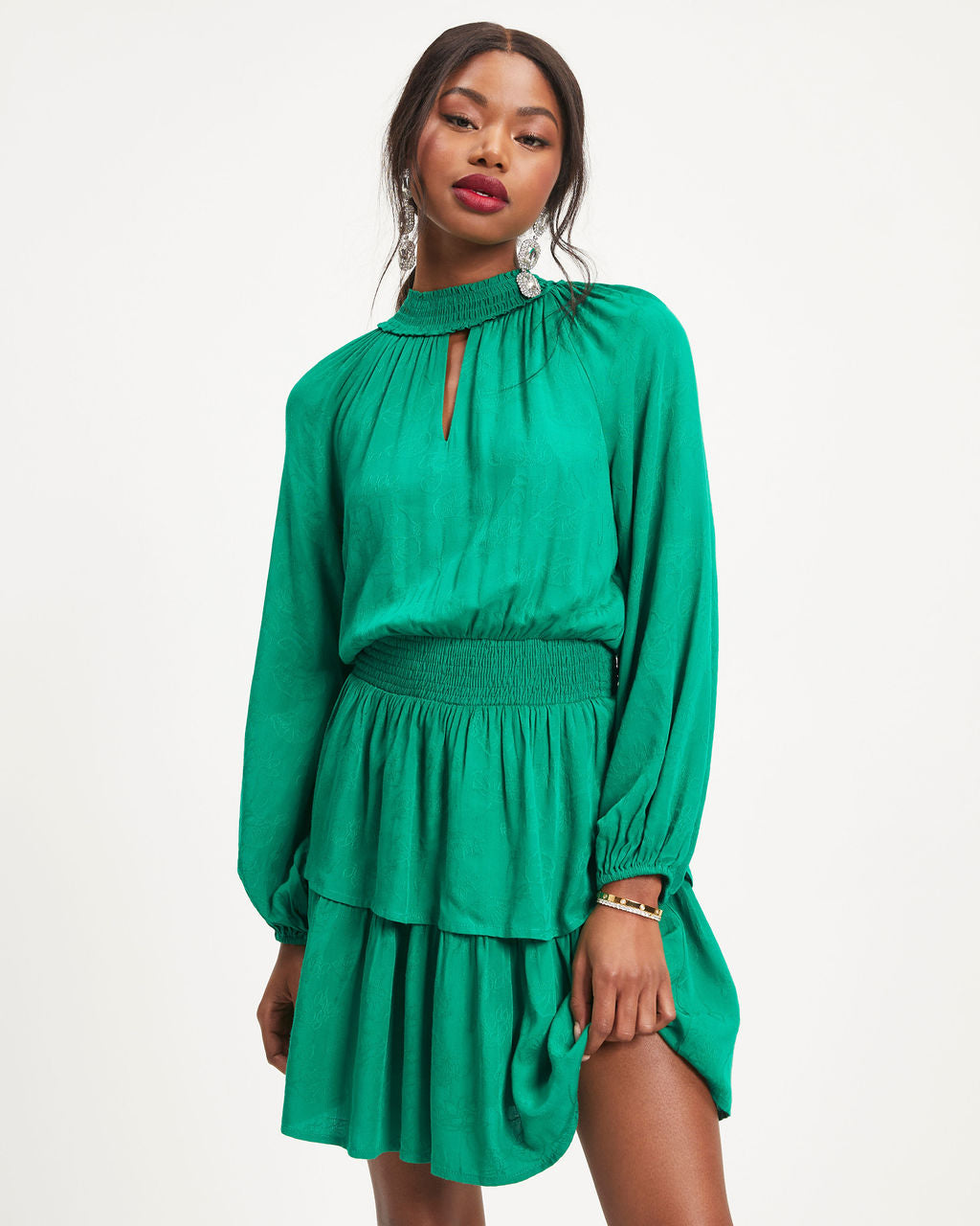 Under The Mistletoe Cutout Tiered Mini Dress - Green