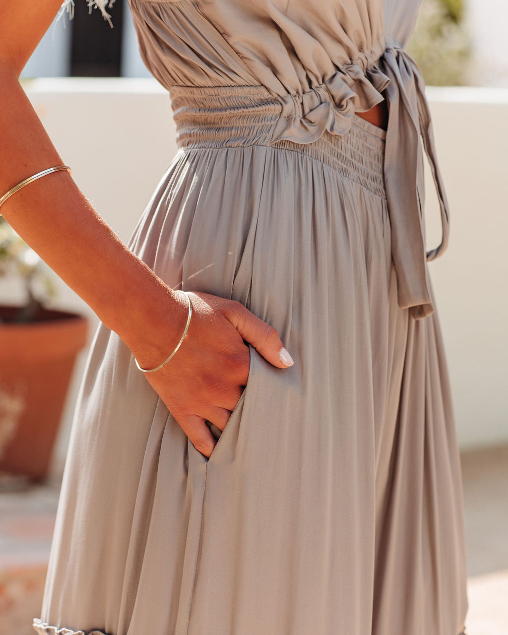 April Rain Pocketed Cutout Maxi Dress - Silver Olive - FINAL SALE