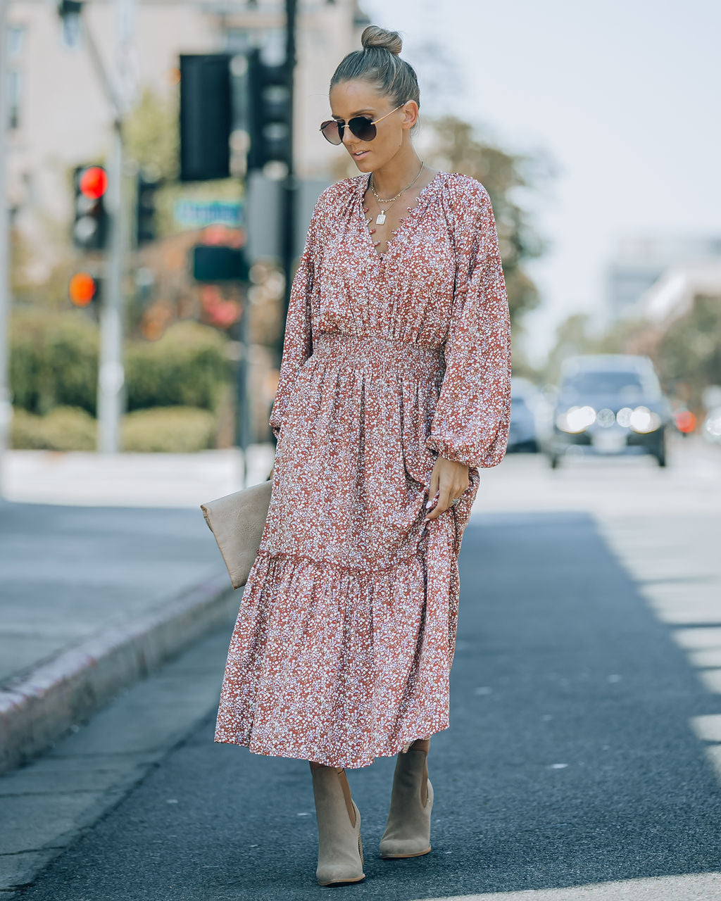 Autumn Flower Fields Smocked Ruffle Midi Dress